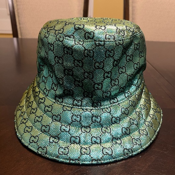 New Gucci GG Supreme Logo Green Floral Double Sided Bucket Hat Size L - Picture 2 of 16